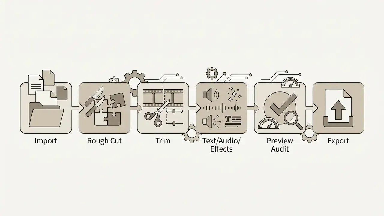Six sequential icons representing the stages of video production from importing files to final export