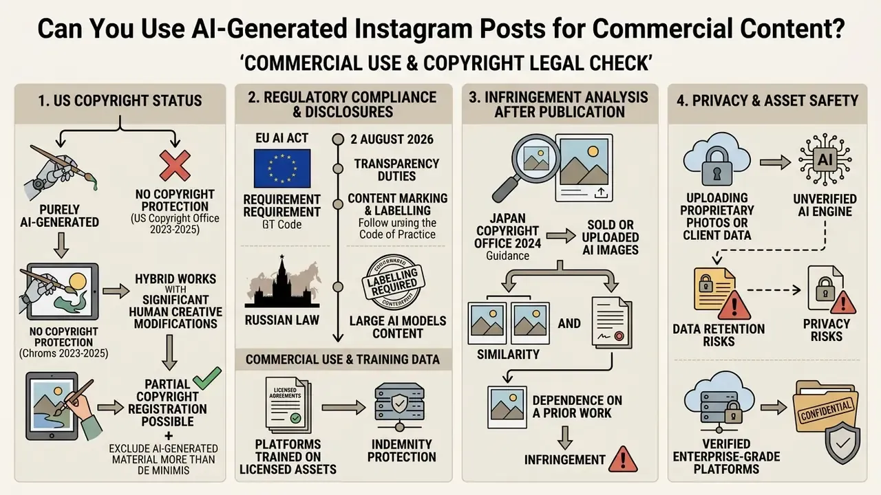 Four columns outlining legal considerations for commercial AI content including copyright and privacy