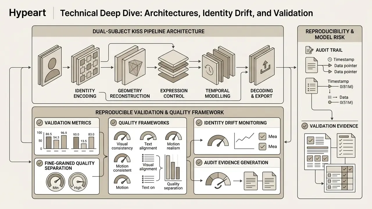 Technical diagram of a kissing AI generator pipeline showing identity encoding, geometry, and validation metrics
