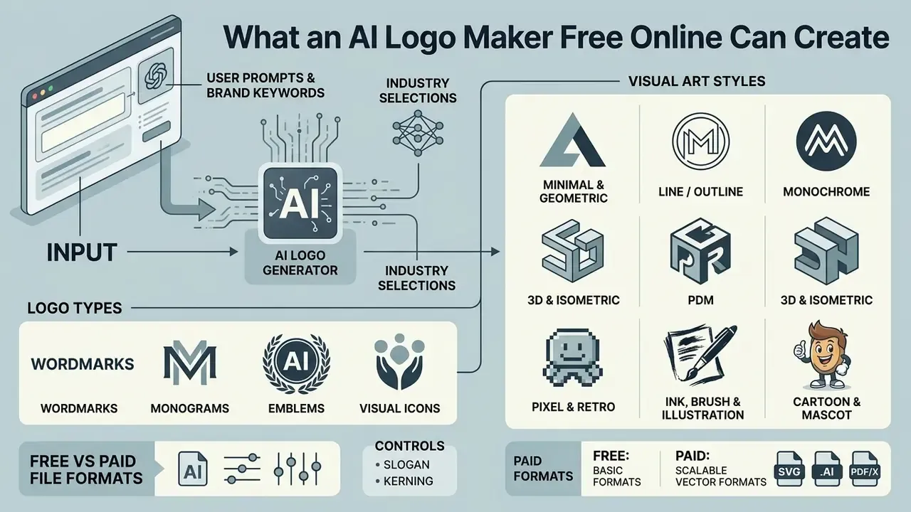 Diagram showing how an AI logo maker processes text prompts into diverse logo types and visual art styles