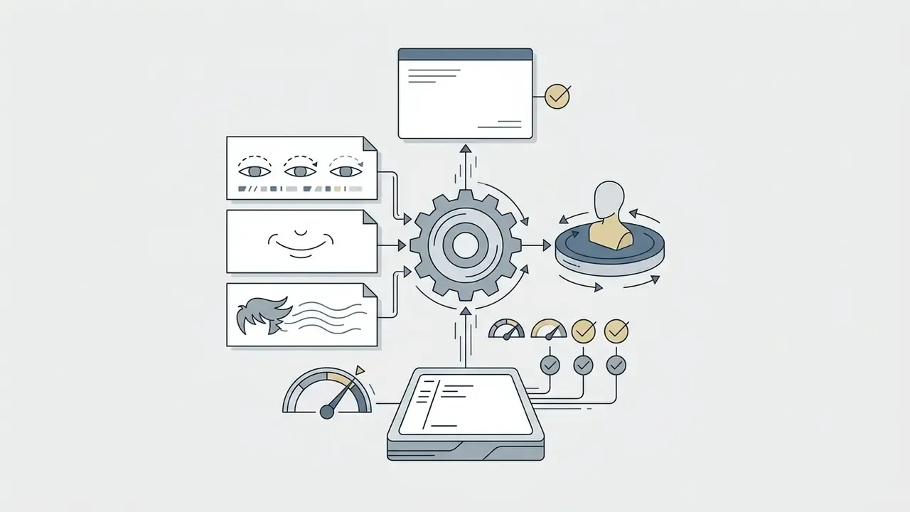 Central gear mechanism processing text prompts into animated facial expressions and head movements