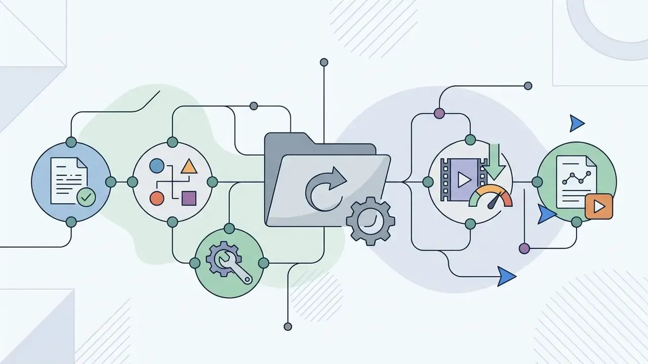 Data flows through a central folder and gear system to optimize video files for smaller output sizes