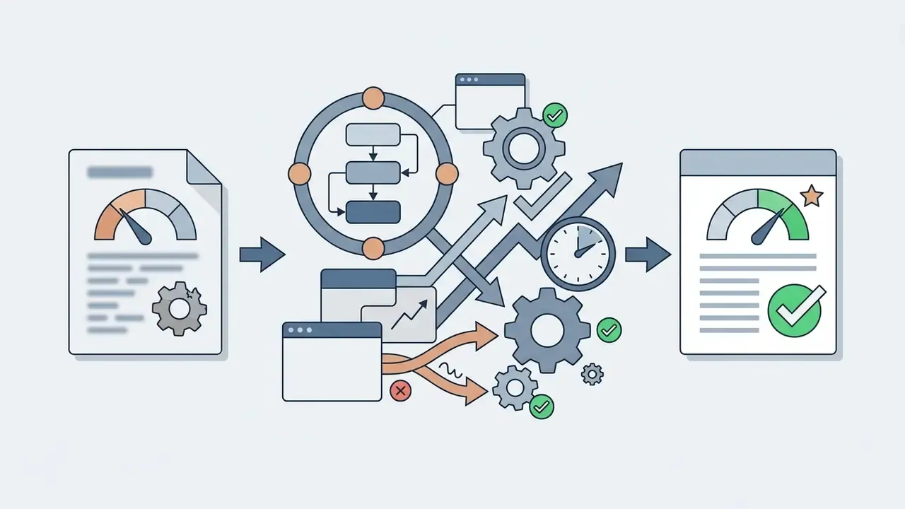 Document with a low gauge moving through a processing hub of gears and clocks to a high score result