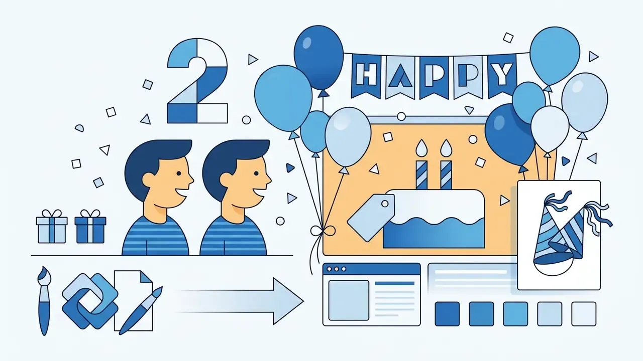 Two twin boys beside a birthday cake and blue balloons for a happy birthday twins image design process