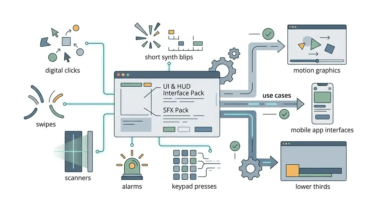 Central interface pack connecting various sound effect categories to motion graphics and mobile applications