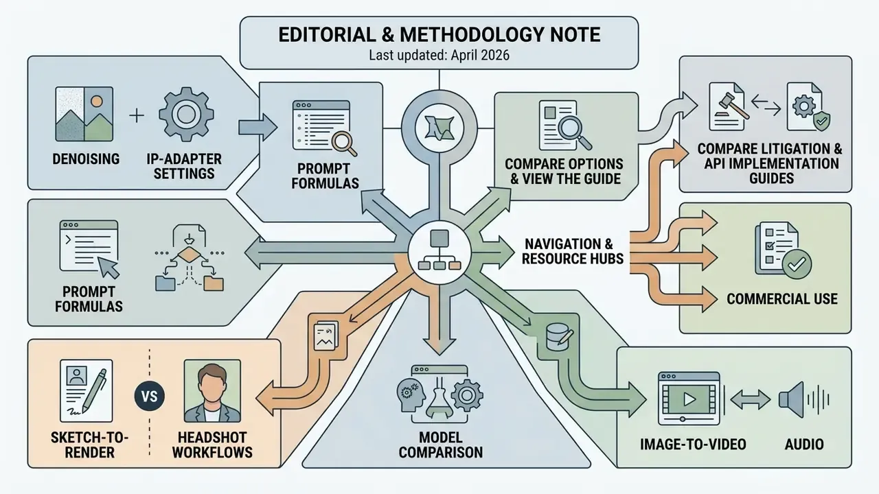Centralized hub diagram connecting resource guides, prompt formulas, model comparisons, and workflow tools