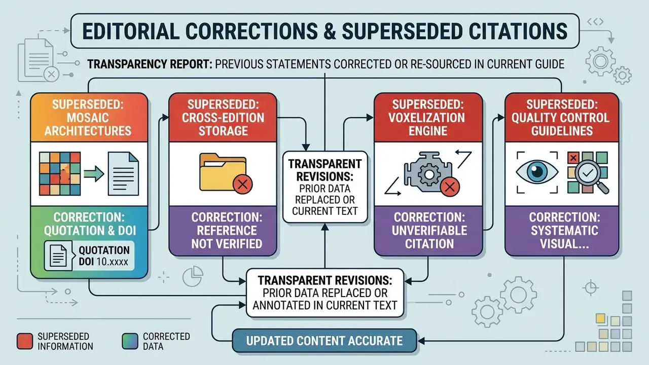 Four connected blocks showing superseded technical statements and their corresponding corrections