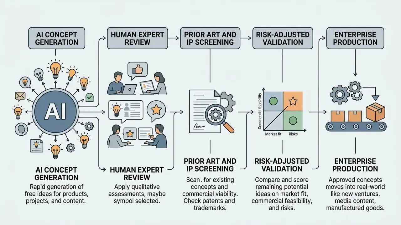 Linear workflow diagram detailing the stages from initial concept generation to final enterprise production