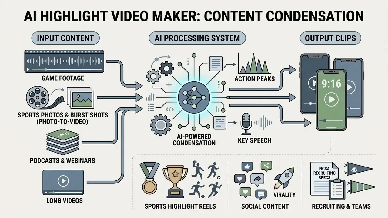 Diagram showing how an AI highlight video maker processes raw footage into short clips for social media