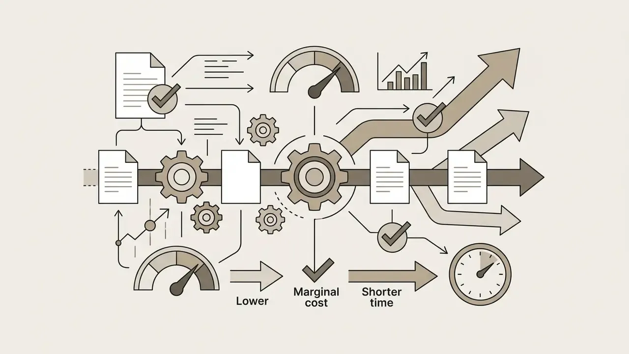 Documents moving through gears and gauges to show reduced marginal cost and shorter production time