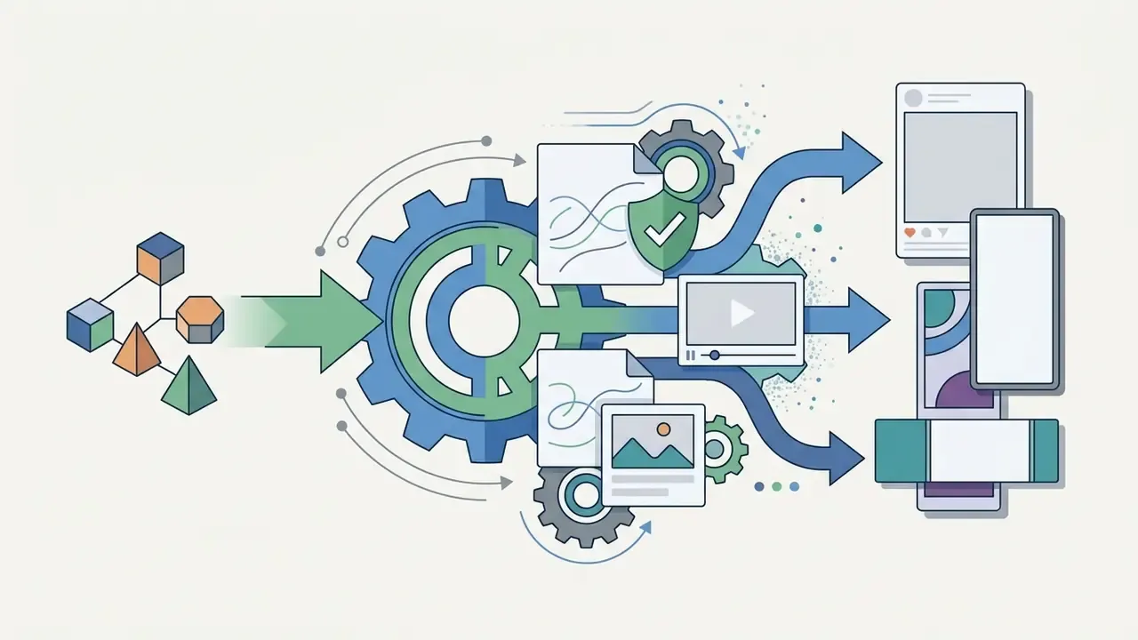 Geometric shapes feeding into a gear system that processes content into various digital media formats