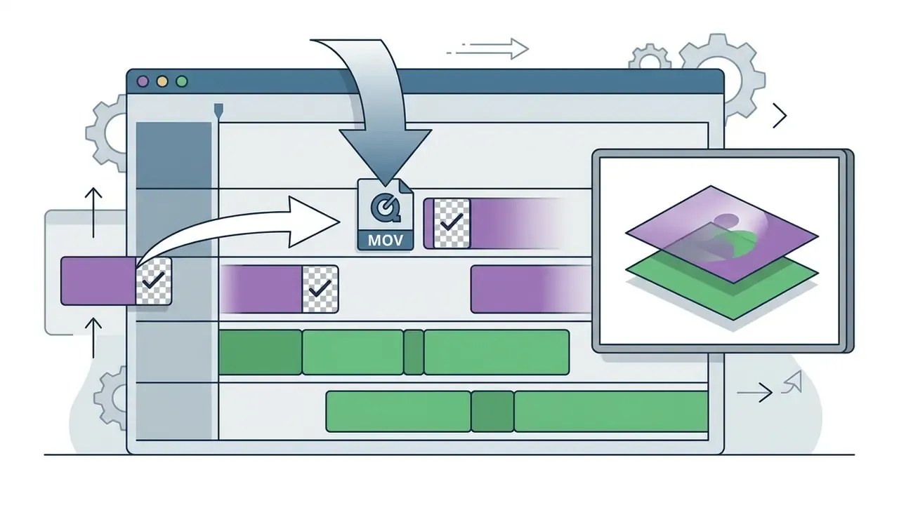 Timeline interface showing an alpha-channel MOV file being placed on a track for video compositing