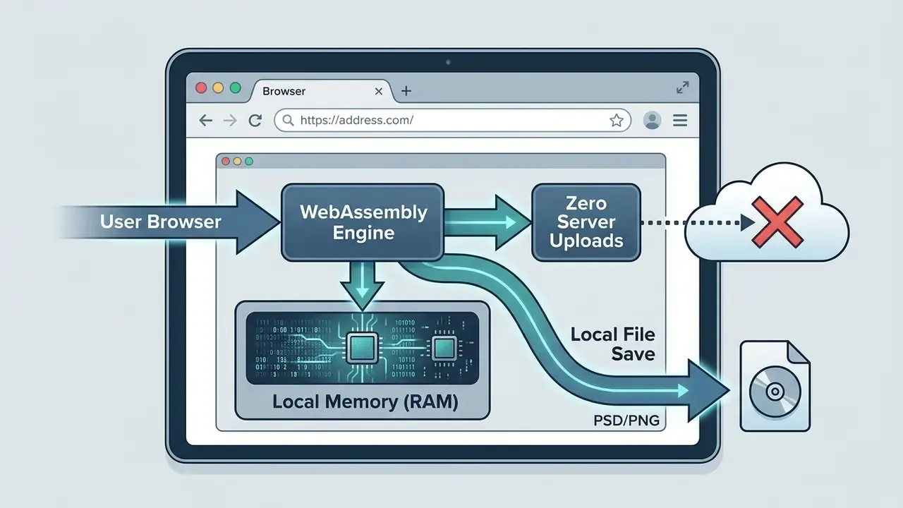 Diagram showing how a browser uses a WebAssembly engine to process files locally without server uploads