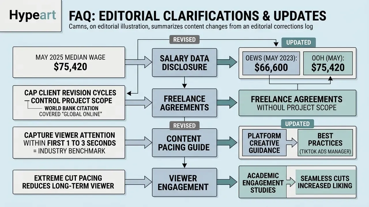 Flowchart tracking editorial changes to salary data, freelance agreements, and content pacing guidelines