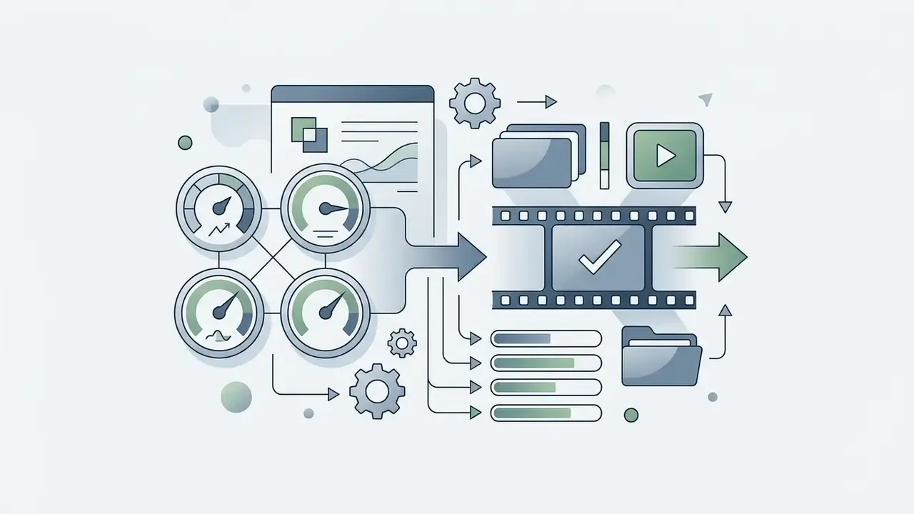 Four gauges feeding data into a video film strip icon to represent AI video generation workflows