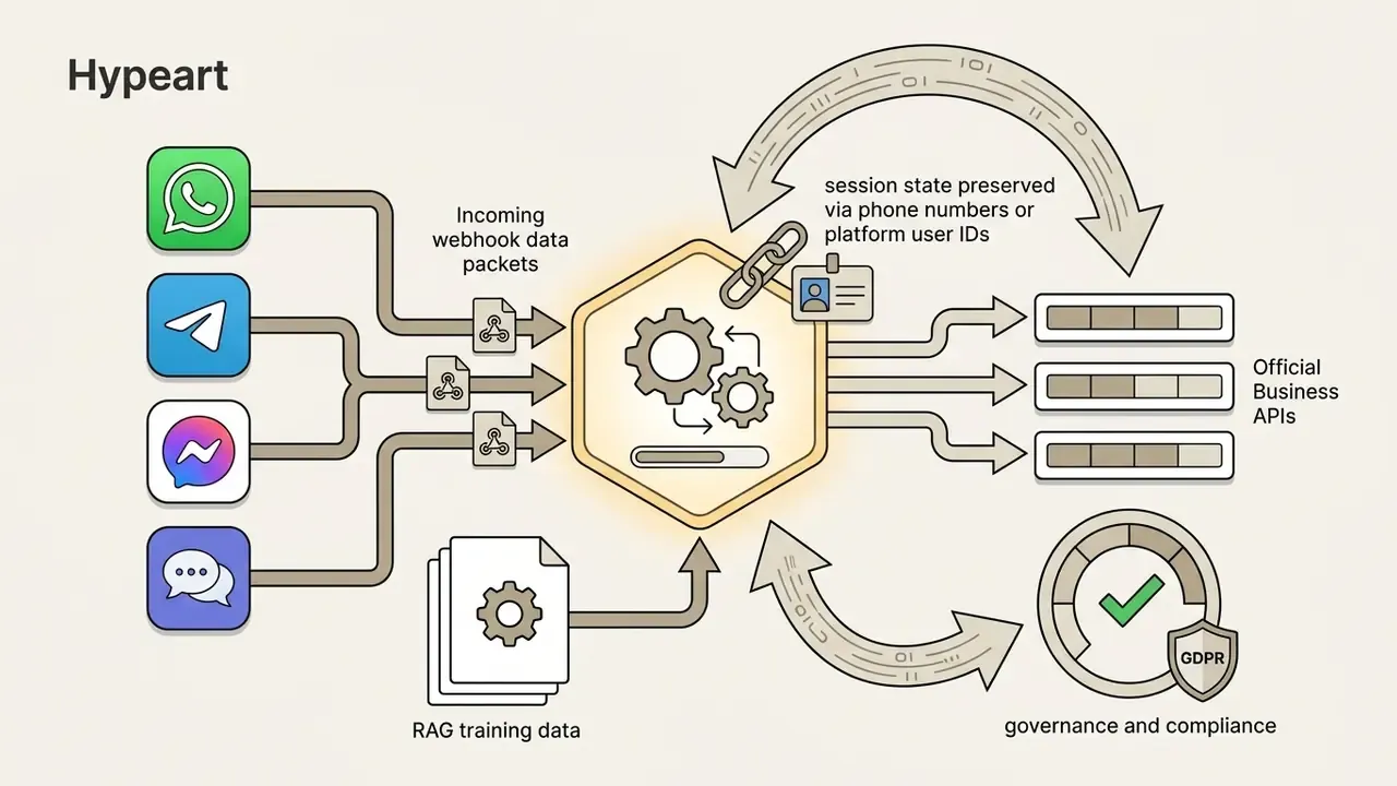 Messaging app data flowing into a central processing hub for integration with official Business APIs