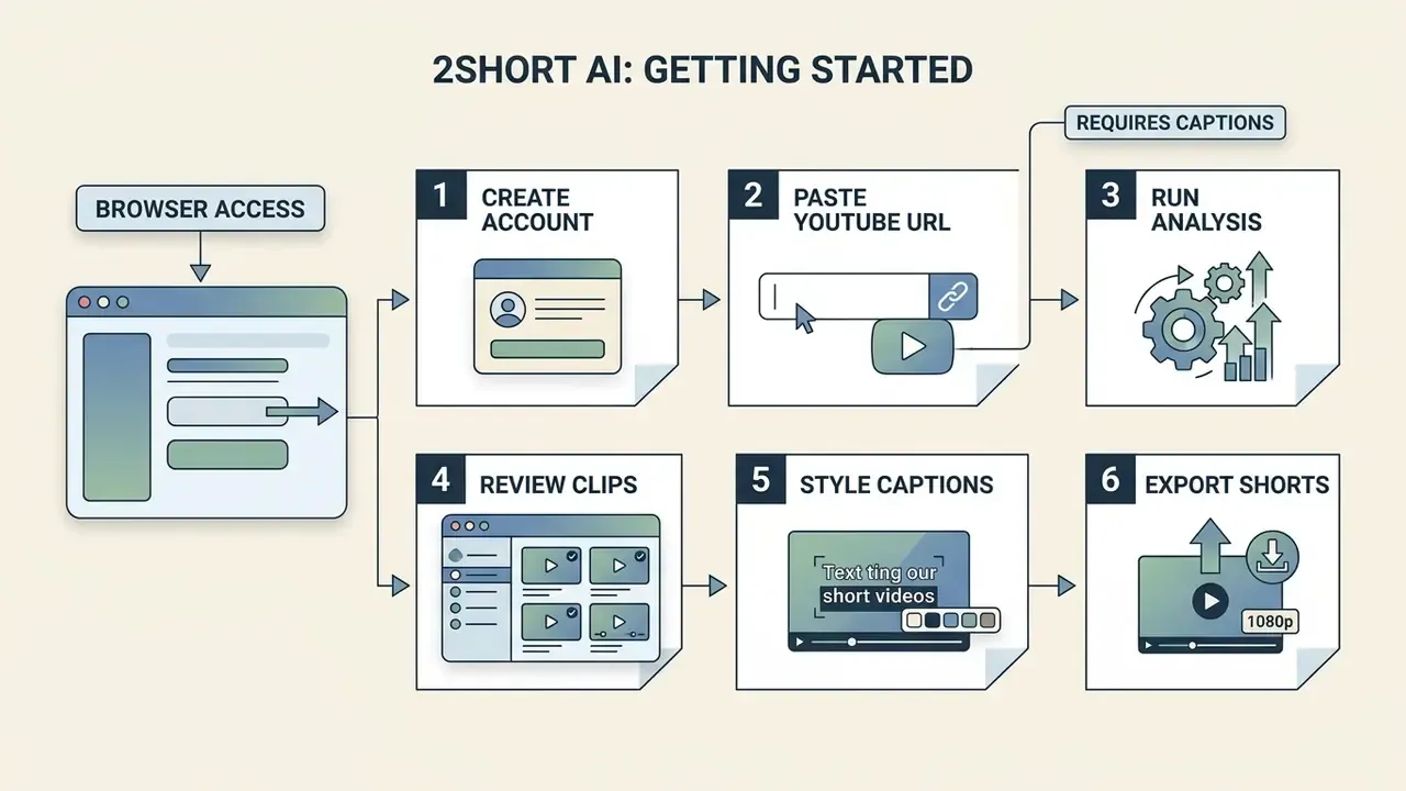 Six numbered steps showing the process of creating an account, pasting a URL, and exporting video clips