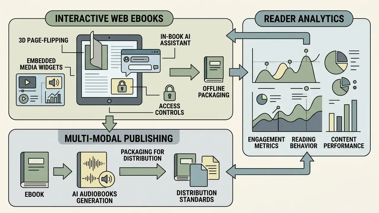 Infographic showing the workflow between web ebook features, multi-modal publishing, and reader metrics