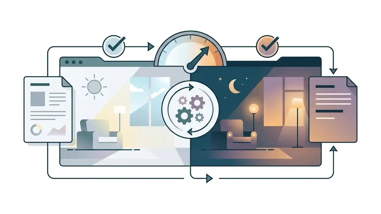 Two browser windows showing a living room transitioning from daylight to evening with a central gear icon