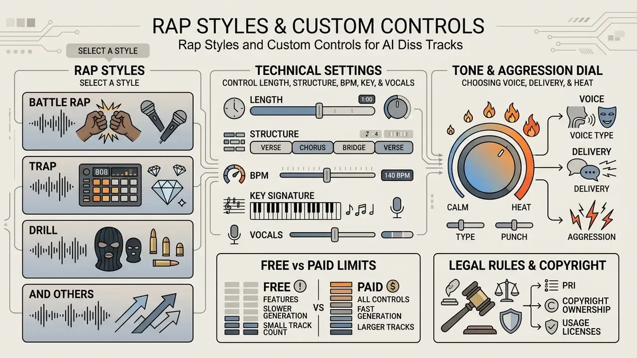 Infographic showing music style selection, technical settings, aggression dials, and subscription limits