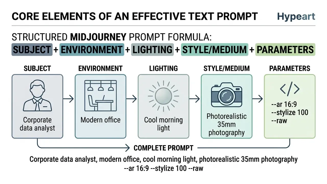 Visual breakdown of a Midjourney prompt formula using five sequential categories and an example string