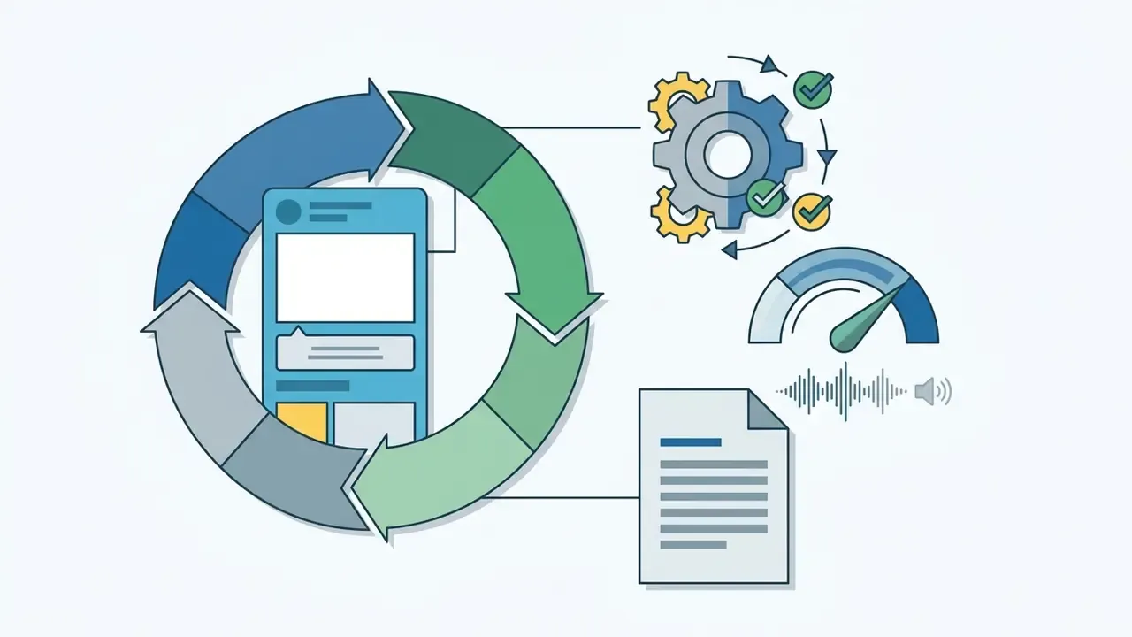 Circular arrow surrounding a mobile interface linked to gear icons, a speedometer, and a sound wave graphic