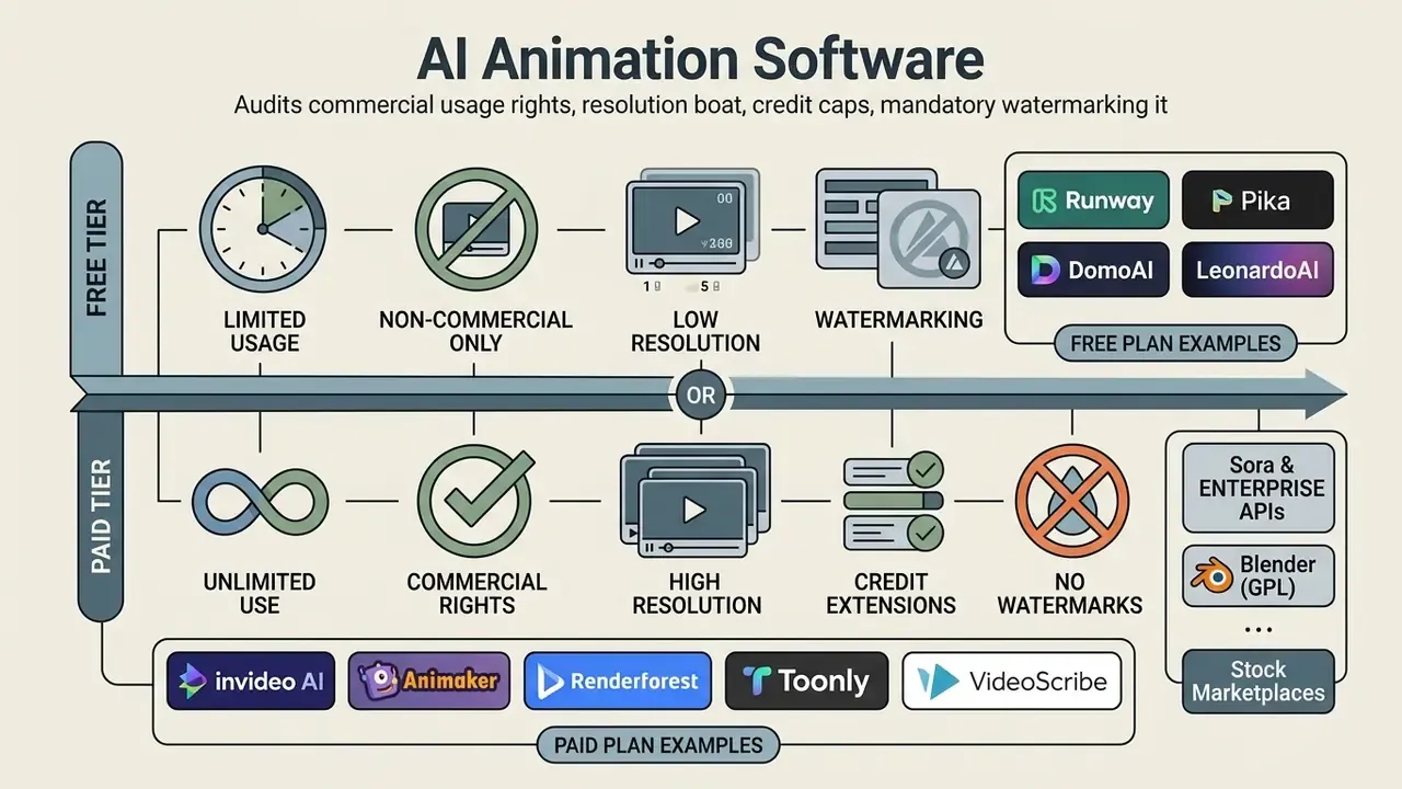 Comparison of free and paid AI animation software features including usage rights and resolution limits