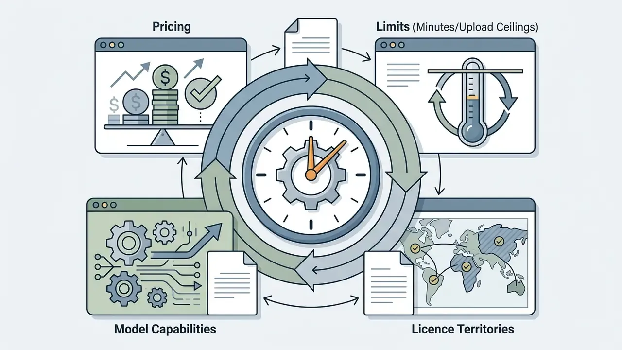 Central clock gear surrounded by windows showing pricing, usage limits, model capabilities, and license regions