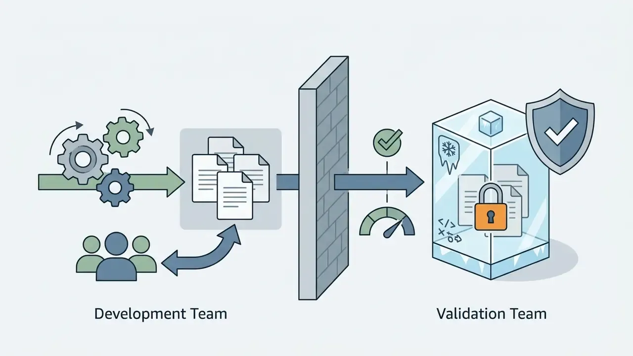Separation of development and validation teams with a secure, frozen evaluation set behind a wall