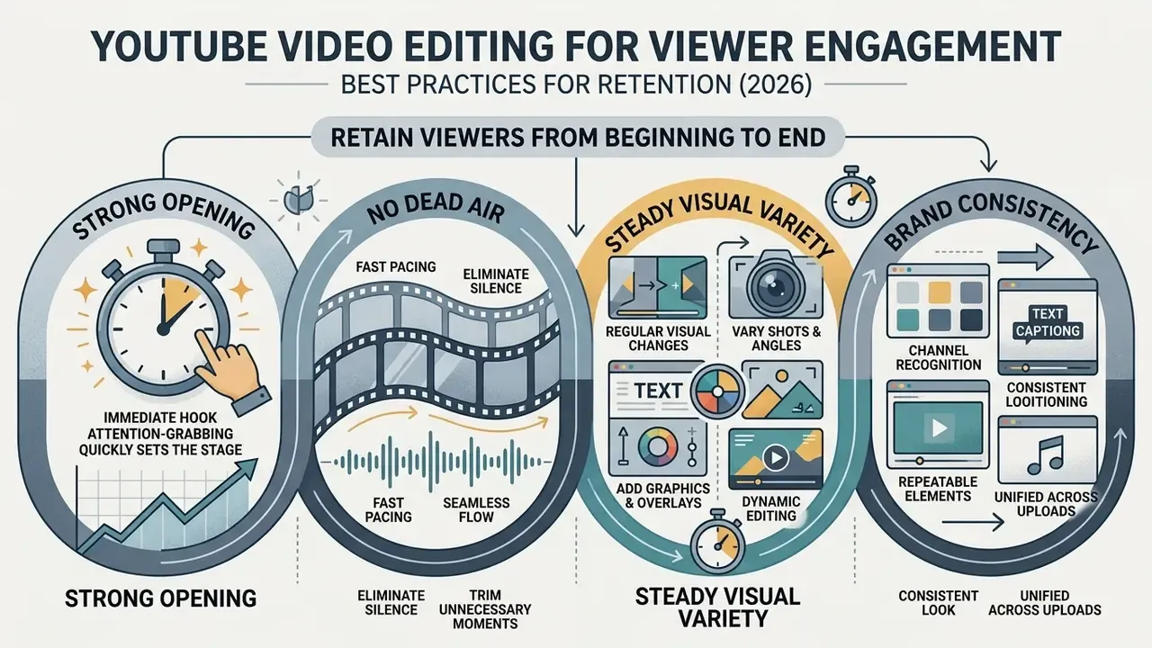 Four circular icons illustrating habits for how to edit videos on YouTube to maintain viewer retention