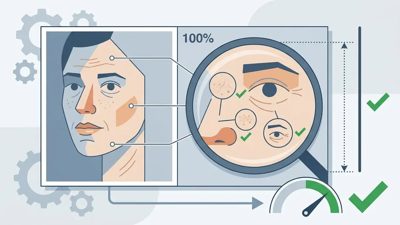 Magnifying glass inspecting skin texture and facial features on a portrait with checkmarks