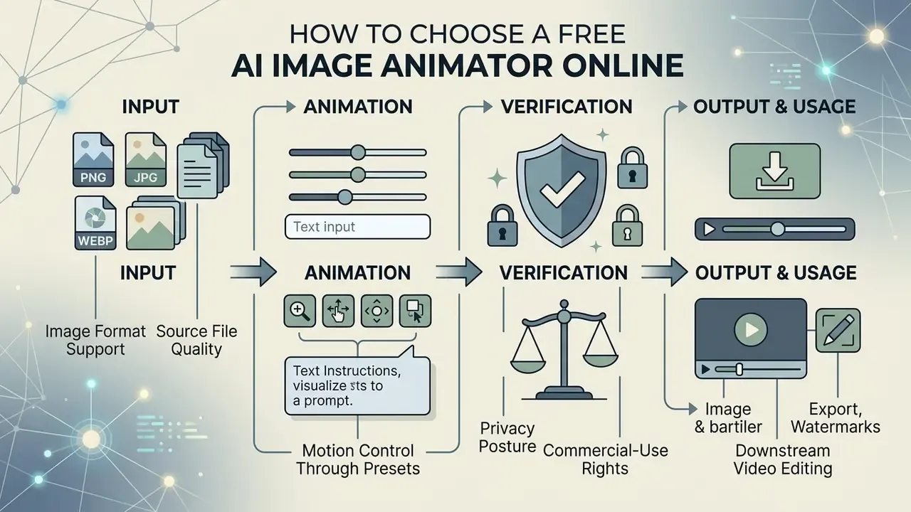 Diagram outlining key considerations for selecting a free AI image animator including input and export