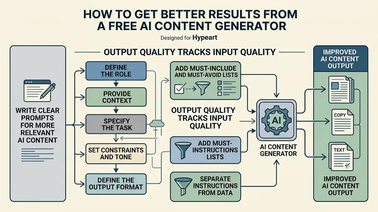 Flowchart showing how clear prompt instructions lead to higher quality text output from a central AI engine