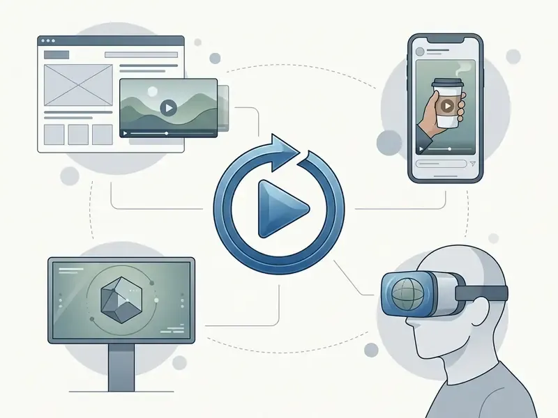 Central play icon surrounded by web, mobile, digital signage, and virtual reality displays