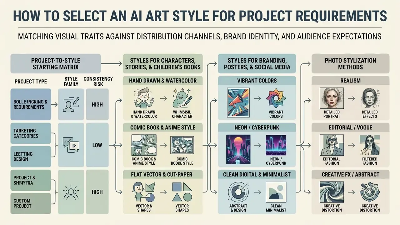 Decision matrix mapping project types and visual categories to specific artistic outcomes