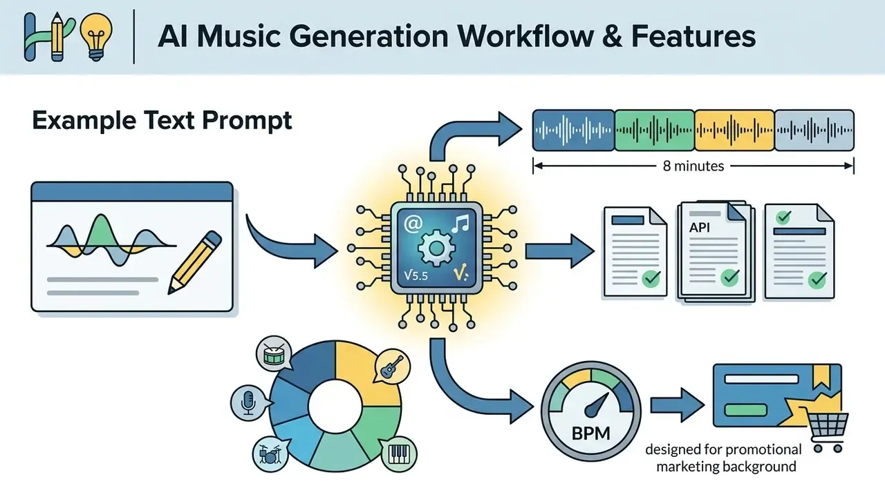 Text prompt input feeding into a central processor that outputs audio files, API documents, and BPM data