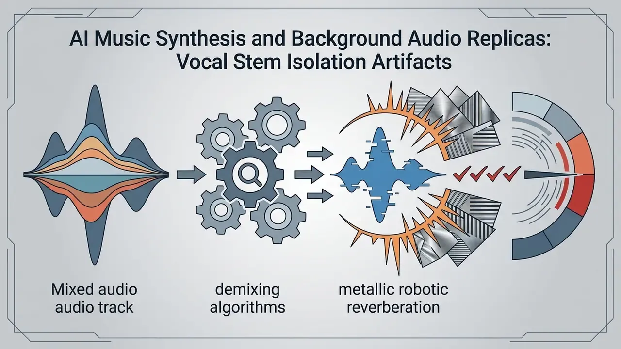 Diagram showing an audio track processed by gears into a distorted waveform with metallic artifacts