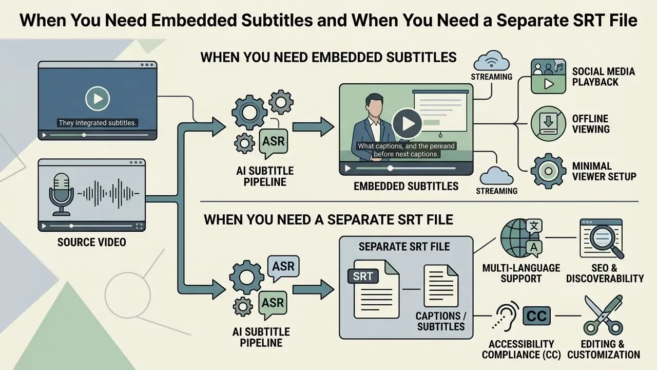 Diagram comparing workflows for creating embedded video subtitles versus separate SRT files using AI