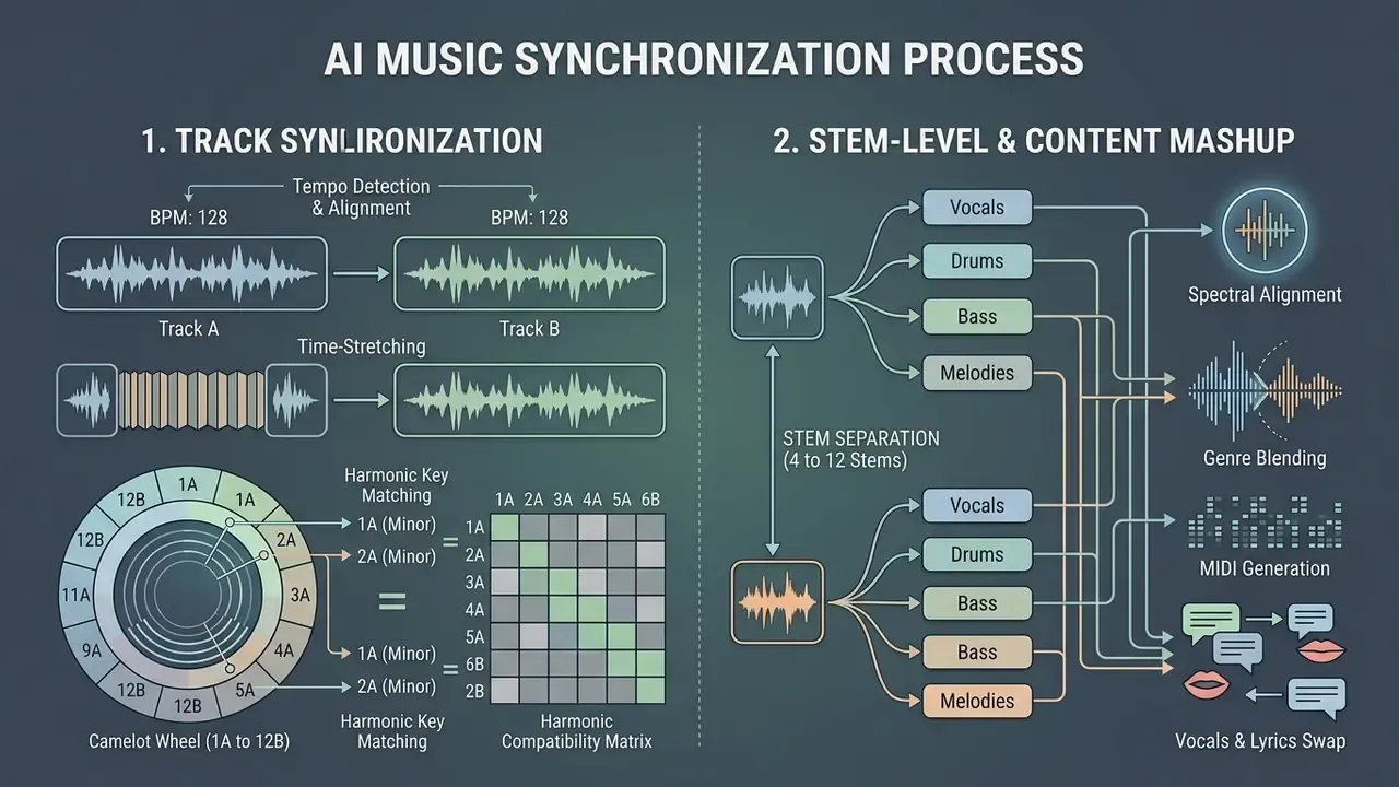 Diagram detailing track tempo alignment, harmonic key matching, stem separation, and audio processing