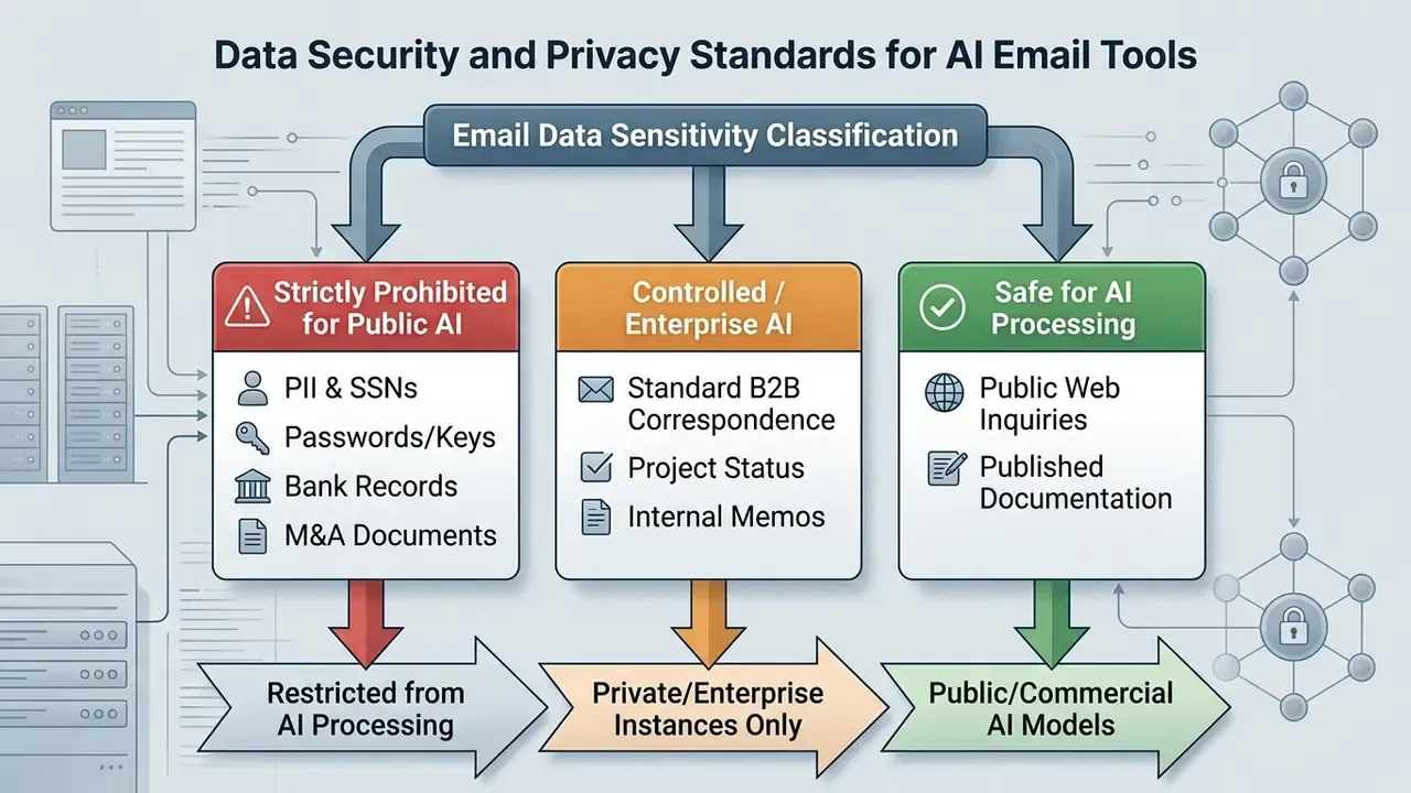Diagram categorizing email data sensitivity levels for use with public or enterprise AI models