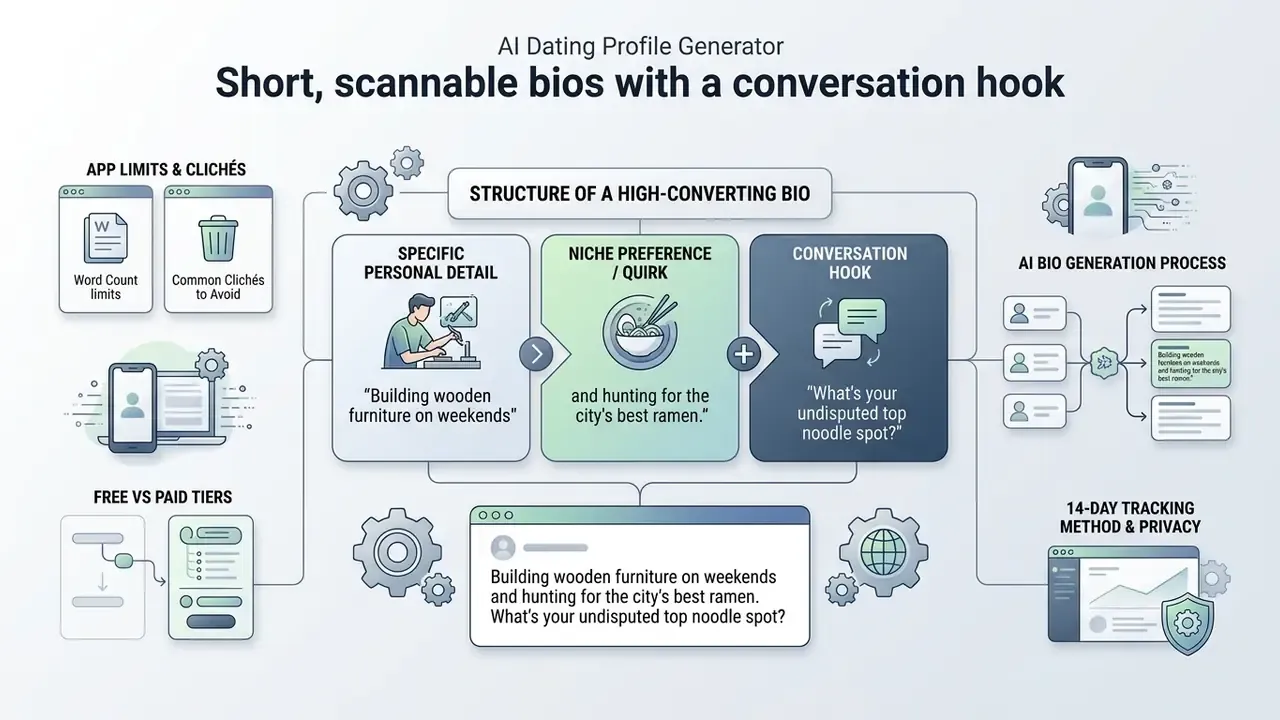 Diagram breaking down the components of a profile bio into personal details, quirks, and hooks