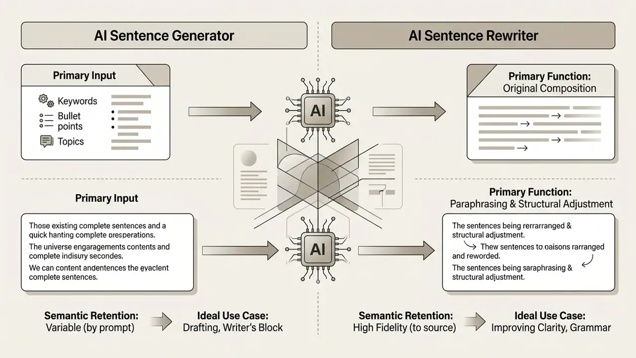 Comparison diagram contrasting the input and output processes of an AI sentence generator and rewriter