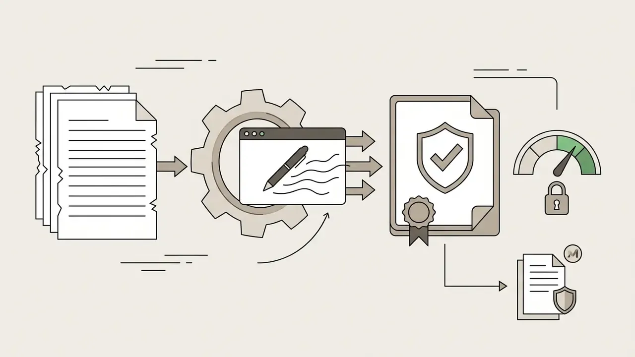 Raw text documents passing through a gear-driven editing process to become certified protected content