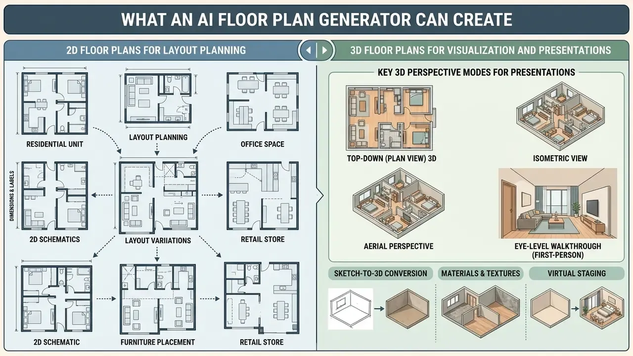 Infographic showing 2D floor plans and various 3D perspective modes for residential and commercial layouts