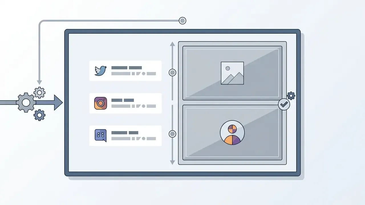 Social media icons and text labels arranged beside two stacked rectangular video placeholders