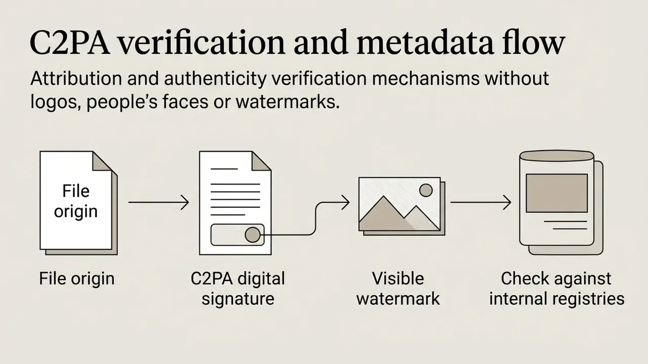 Sequence showing file origin, C2PA digital signature, visible watermark, and registry verification