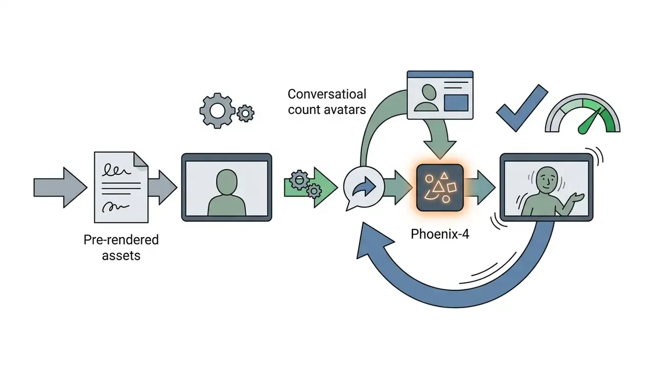 Process flow showing pre-rendered assets being transformed by the Phoenix-4 model into interactive avatars