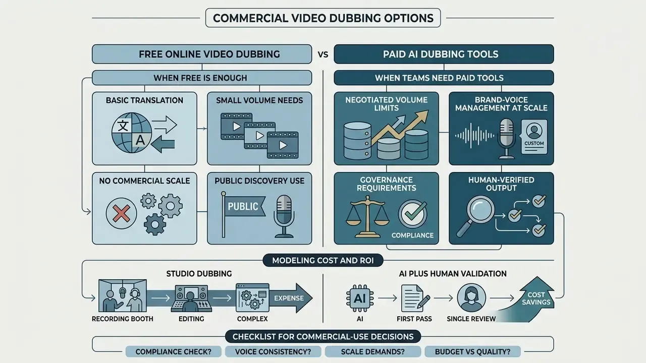 Infographic comparing free versus paid dubbing tools based on volume, governance, and cost-benefit analysis