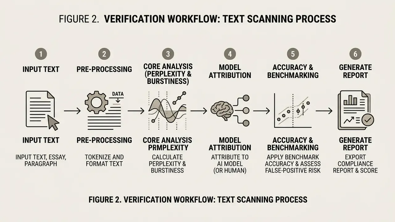 Linear diagram detailing six stages from text input through data analysis to a final compliance report