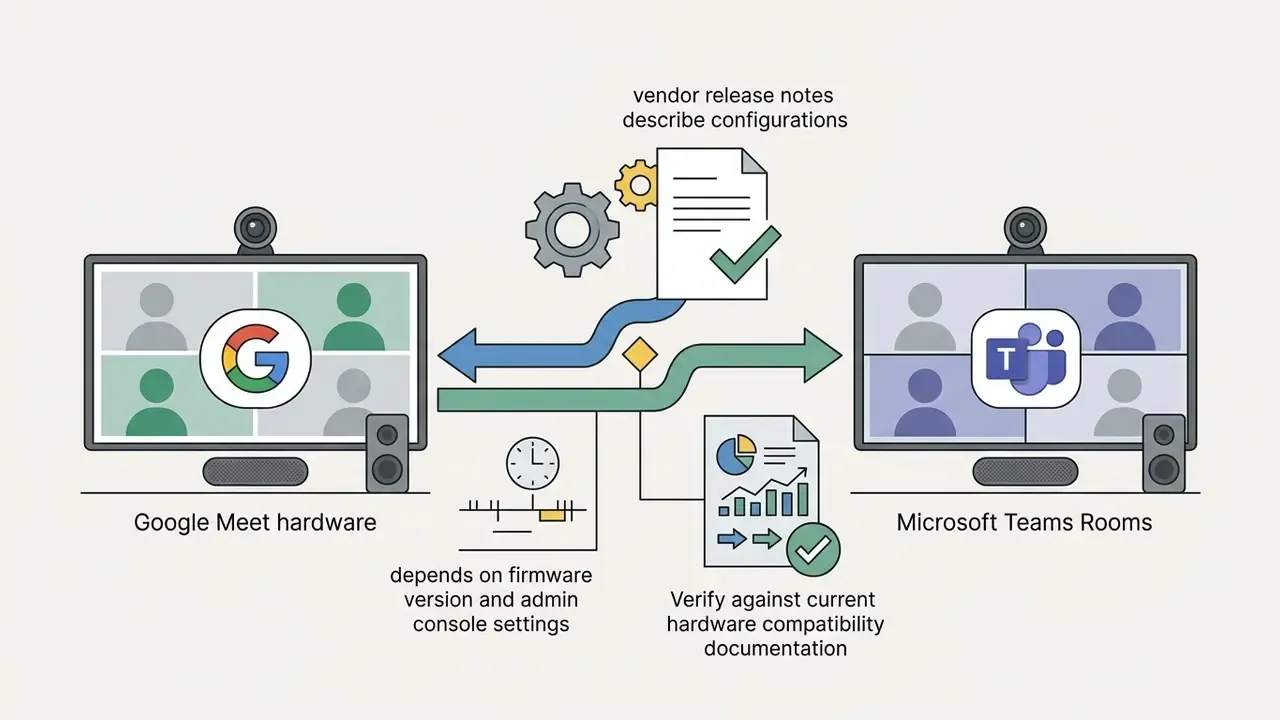 Two monitors showing Google Meet and Microsoft Teams connected by arrows representing cross-vendor integration